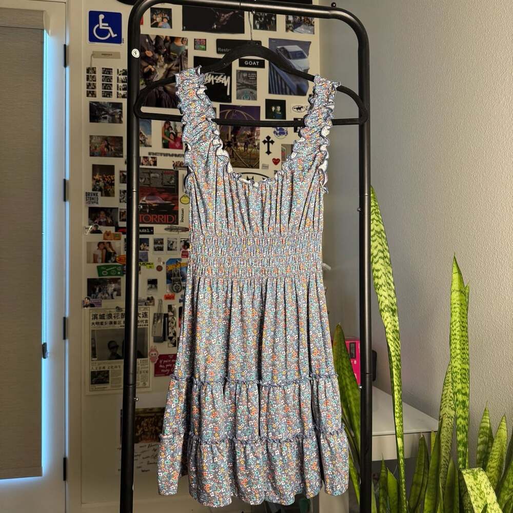 Urban Outfitters Blue Floral Smocked Ruffle Mini Dress